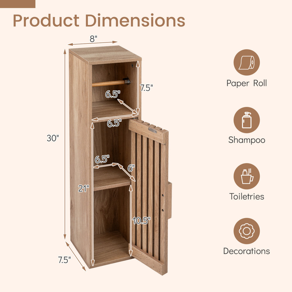 Slim freestanding bathroom cabinet with door, natural finish, features adjustable shelves for toilet paper and.