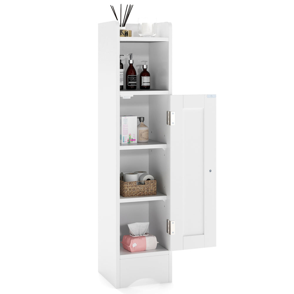 Slim white bathroom cabinet with one door, adjustable shelves, and modern design for versatile storage in any space.