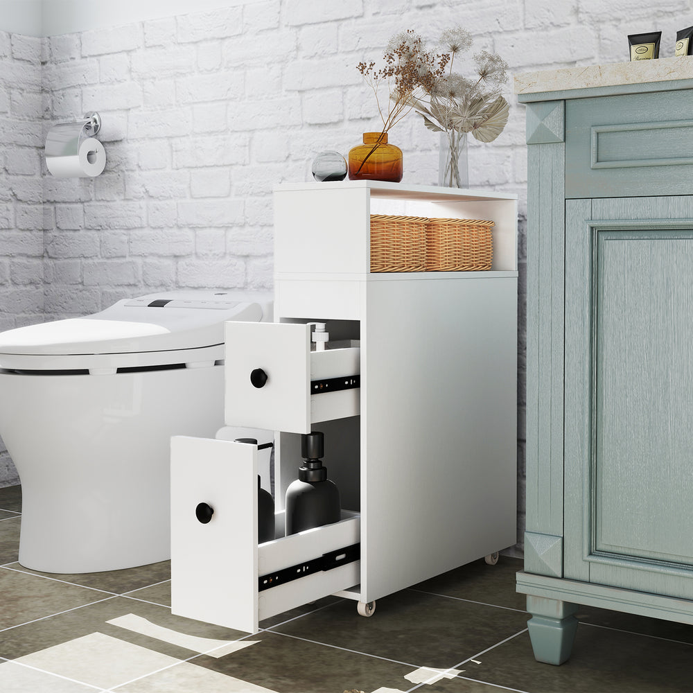 Slim white bathroom cabinet with deep slide-out drawers, perfect for organizing toiletries and fitting in tight spaces.
