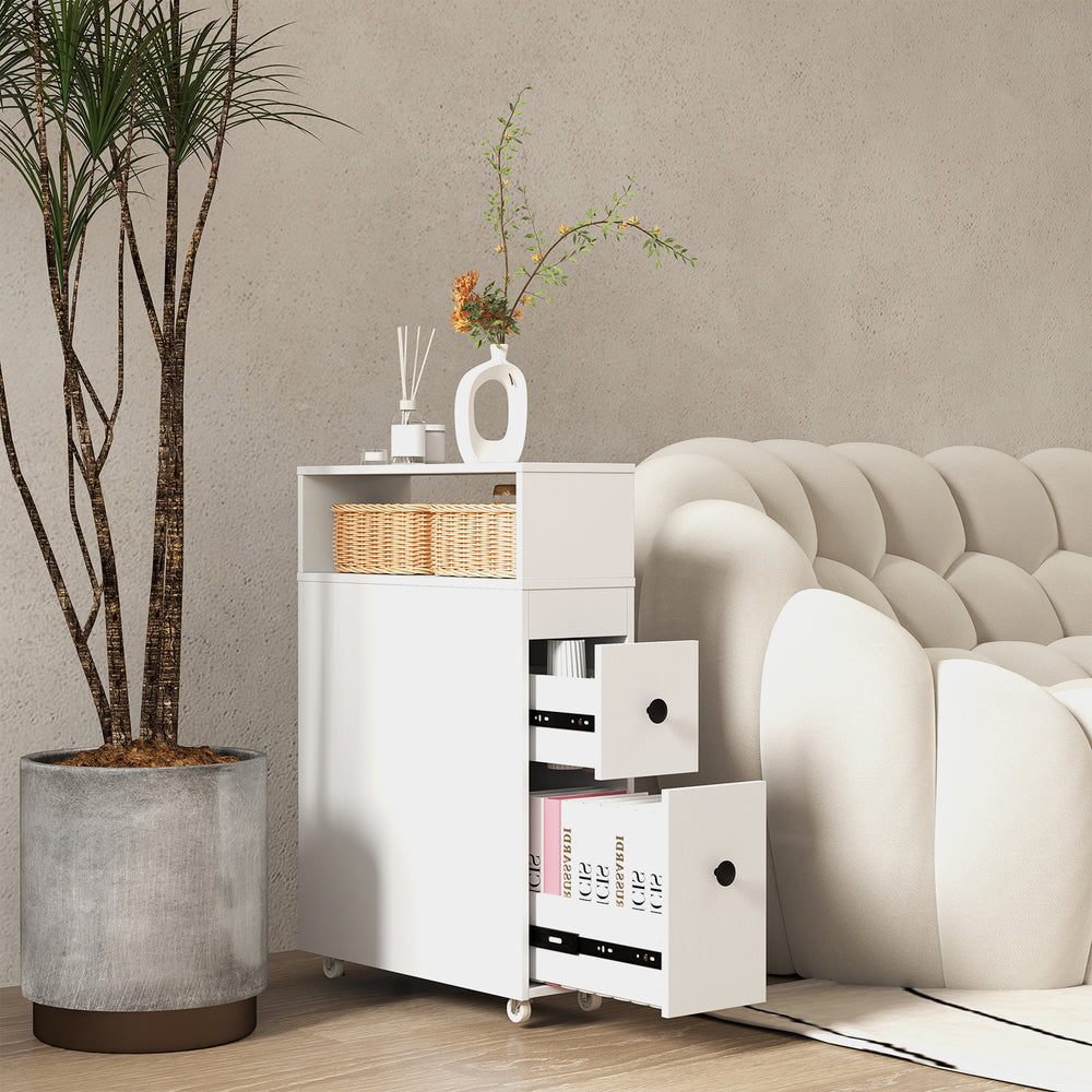 Slim white bathroom cabinet with deep slide-out drawers, perfect for organizing toiletries and fitting into corner.