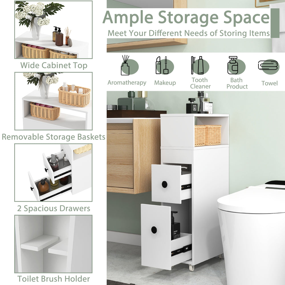 Slim white bathroom cabinet with deep slide-out drawers and removable storage baskets for organizing toiletries.