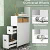 Slim white bathroom cabinet with deep slide-out drawers and 360° lockable wheels for easy movement and storage.
