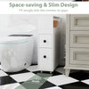 Slim white bathroom cabinet with two drawers, designed for corner spaces, perfect for organizing toiletries and.