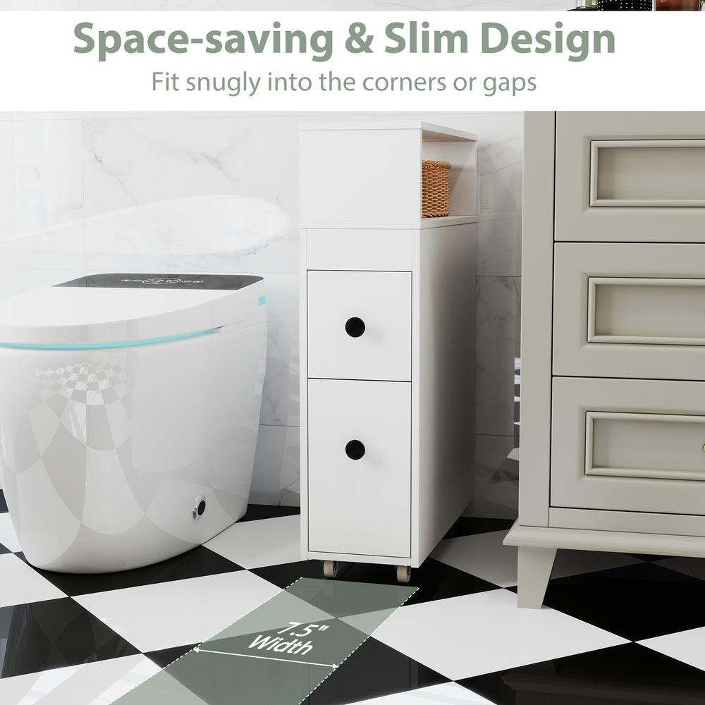 Slim white bathroom cabinet with two drawers, designed for corner spaces, perfect for organizing toiletries and.