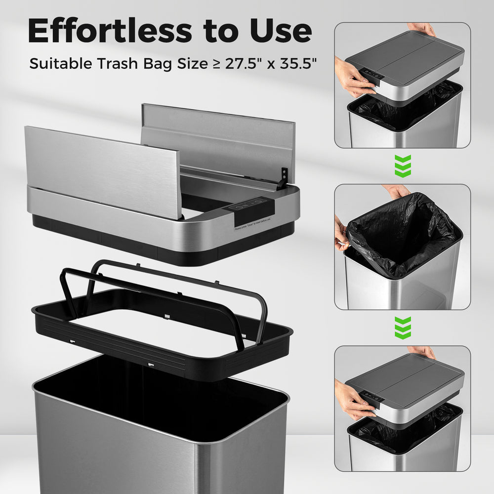Slim 13.2 Gal kitchen trash can with stainless steel frame and wing lids, designed for efficient space use and odor.