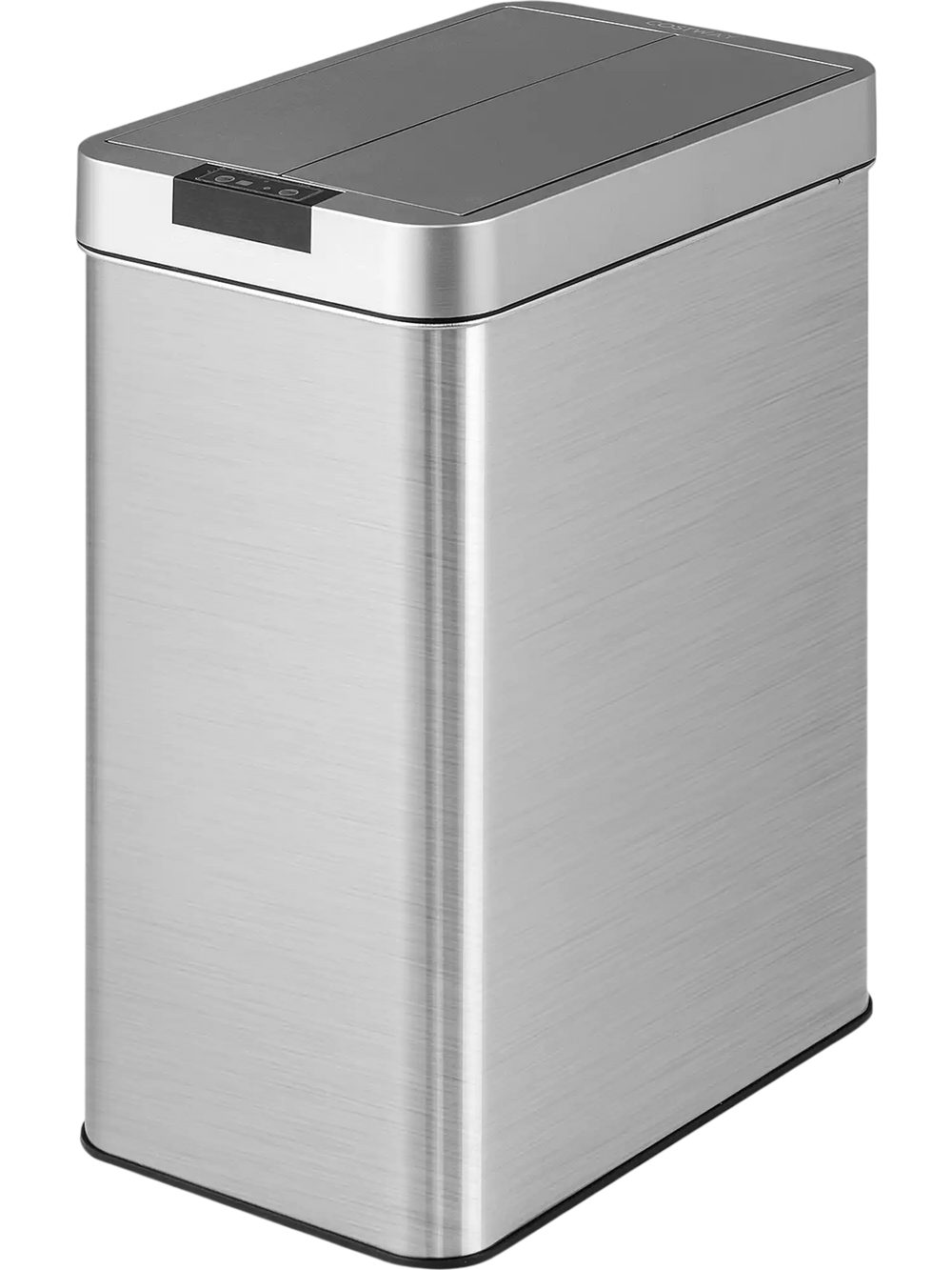 Slim 13.2 Gal kitchen trash can with stainless steel frame, wing lids, and infrared sensor for convenient waste.