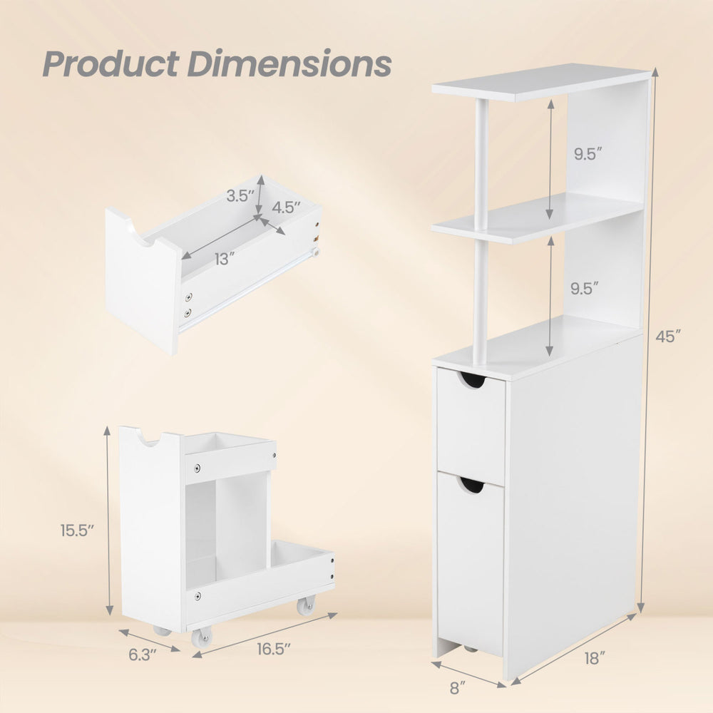 Dimensions of the Slim Storage Freestanding Bathroom Cabinet with open shelves and pull-out drawer for versatile use.