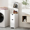 Slim white storage cabinet with open shelves and pull-out drawer, perfect for space-saving in bathrooms or kitchens.