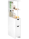 Slim white storage cabinet with 3 open shelves and 2 drawers, perfect for bathroom organization and space-saving.