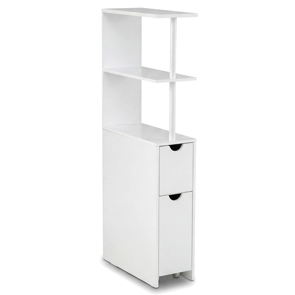 Slim white storage cabinet with two drawers and three open shelves, perfect for bathrooms or small spaces.