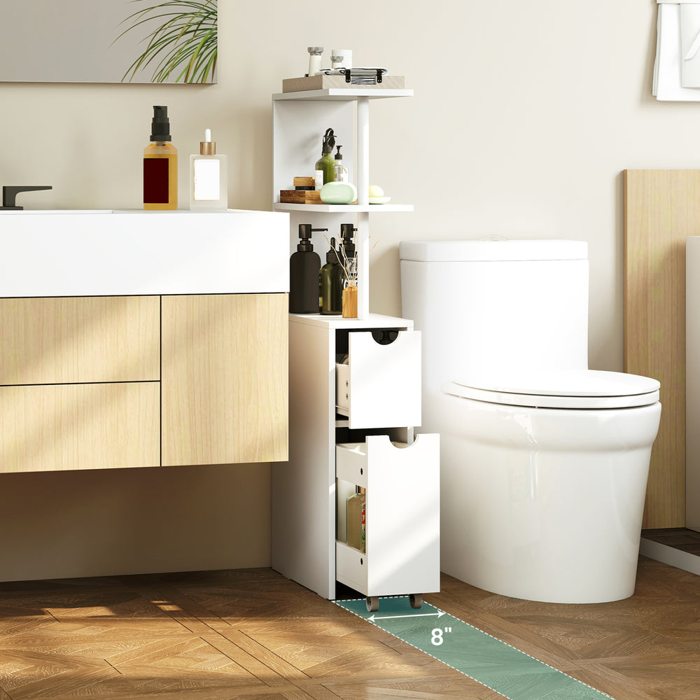 Slim freestanding bathroom cabinet in white with open shelves and pull-out drawer, perfect for space-saving storage.