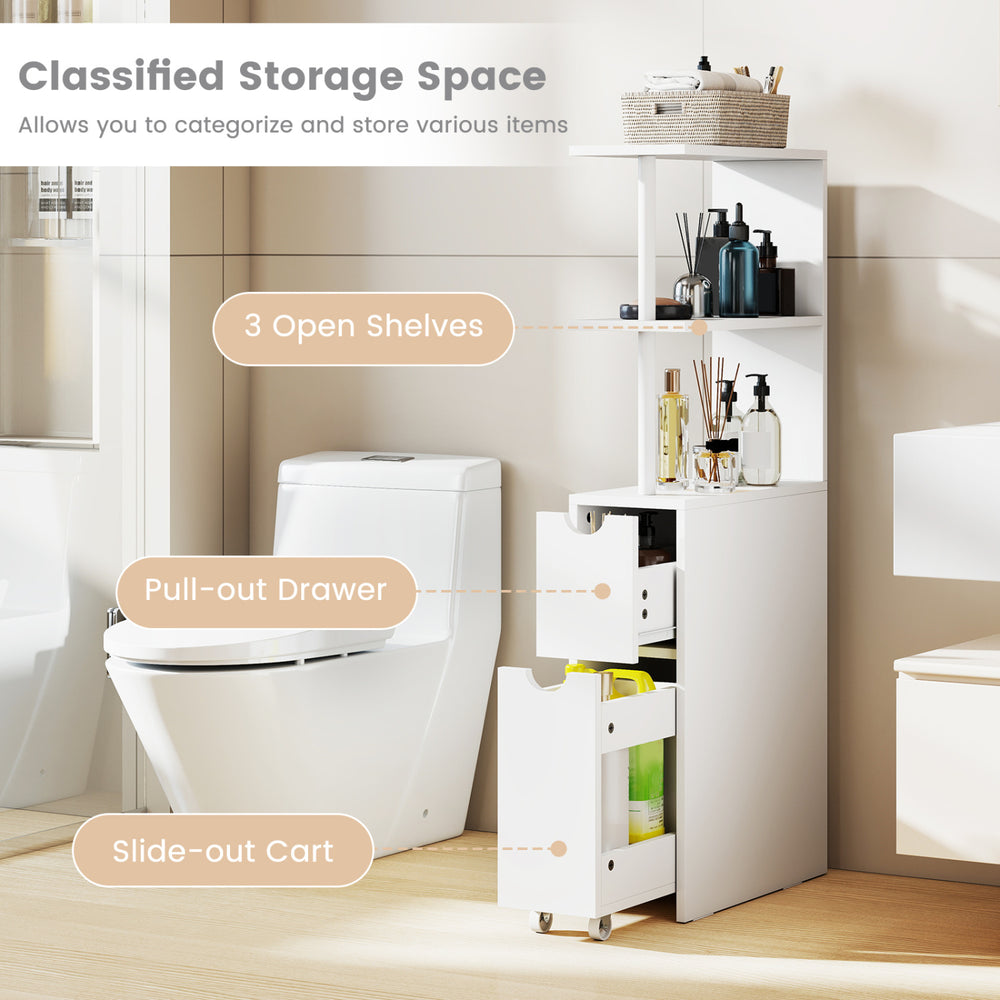 Slim freestanding bathroom cabinet in white with 3 open shelves, pull-out drawer, and rolling cart for versatile.