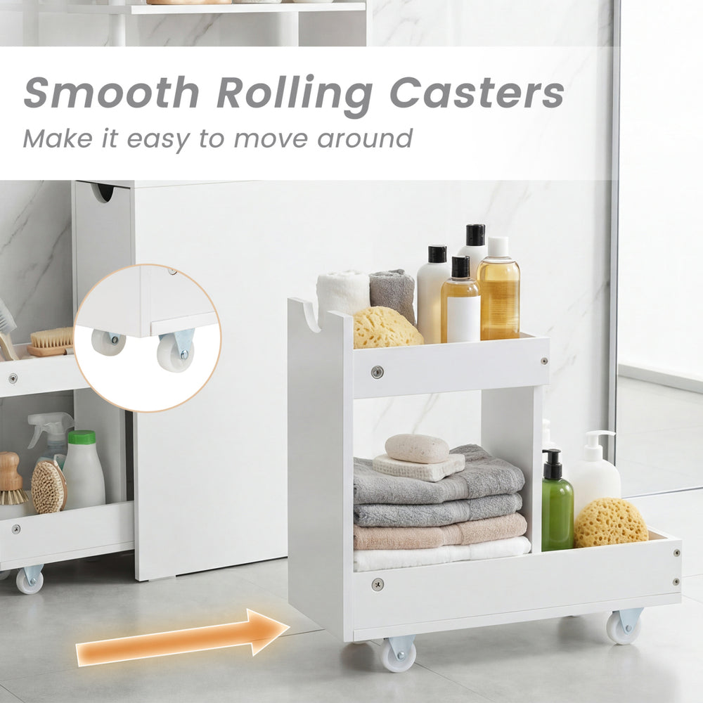 Slim white storage cabinet with open shelves and smooth rolling casters, perfect for easy mobility in any room.