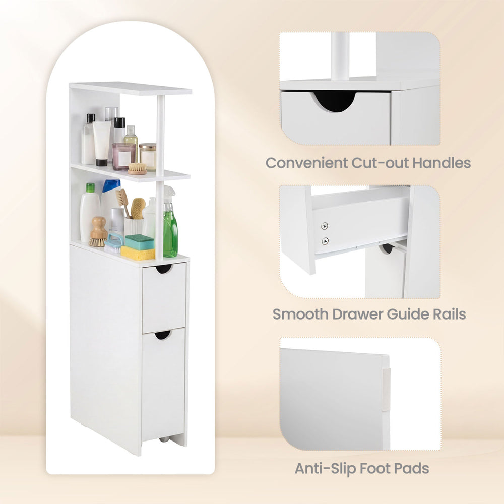 Slim white storage cabinet with open shelves, pull-out drawer, and anti-slip foot pads for bathroom or kitchen use.