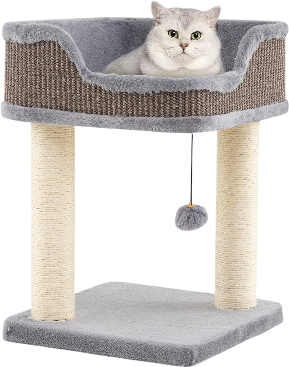 Small cat tree with a comfy plush perch and sisal scratching posts, perfect for indoor cats to lounge and play.