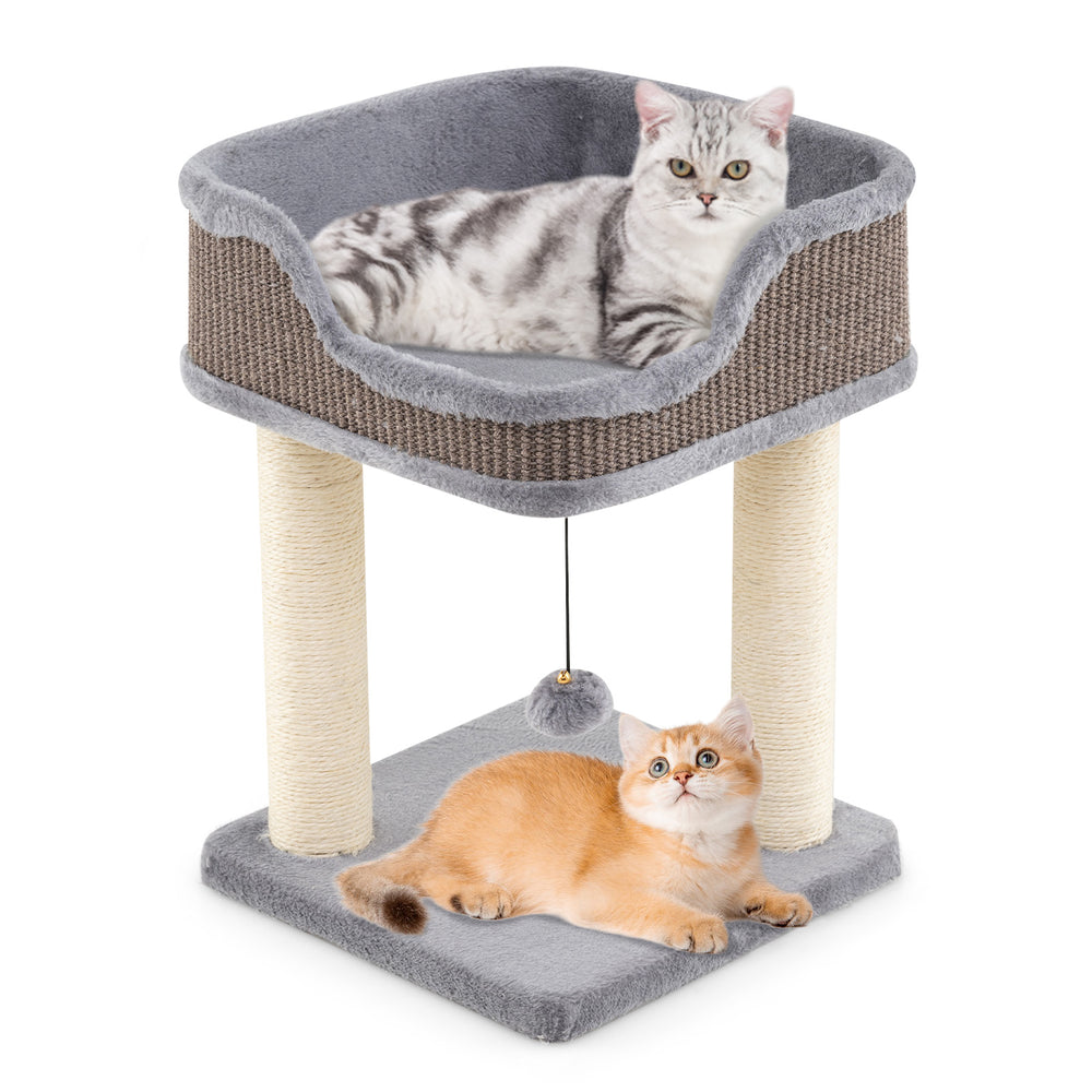 Comfy gray cat tree with plush perch and sisal scratching posts, perfect for indoor kittens to lounge and play.