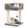 Small cat tree in gray with plush perch, sisal scratching posts, and interactive toy for indoor cats.