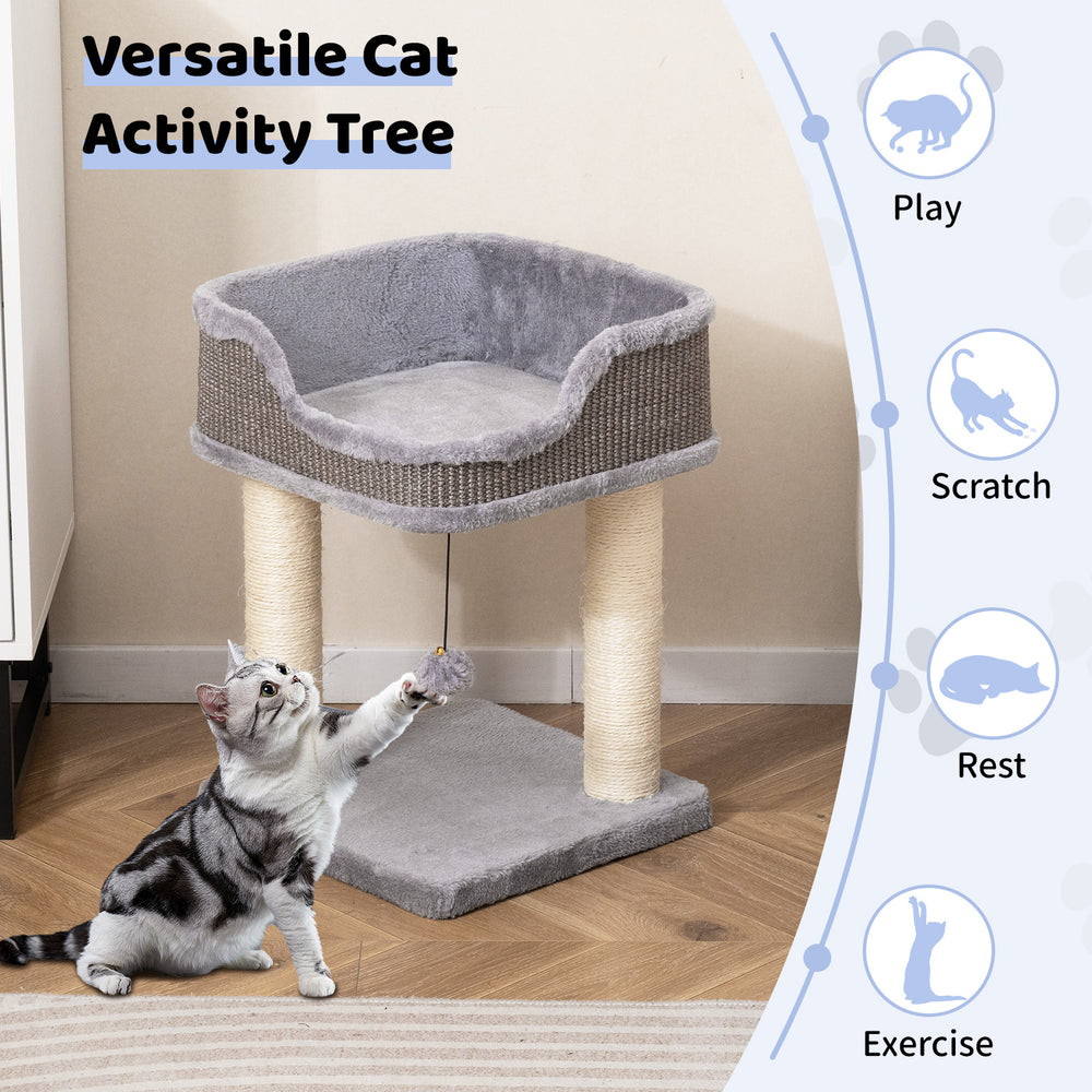 Small cat tree with comfy plush perch and sisal scratching posts, perfect for indoor play and rest for kittens.