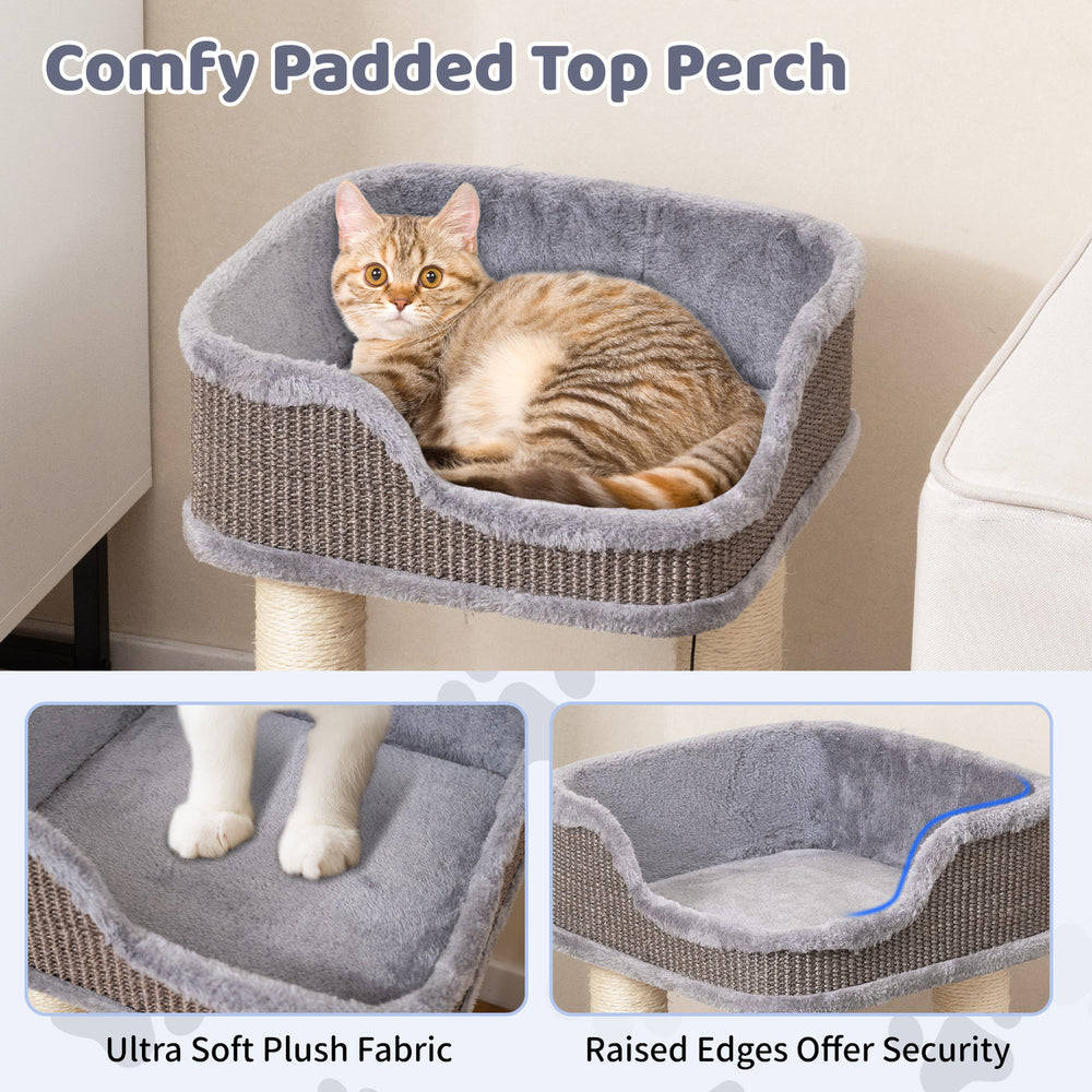 Comfy plush top perch for small cats, featuring raised edges for security and durable sisal scratching posts.