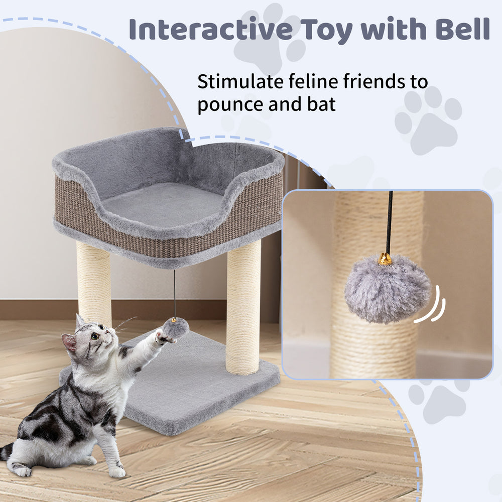 Small cat tree in gray with plush perch, sisal scratching posts, and interactive toy for indoor cats to play and lounge.