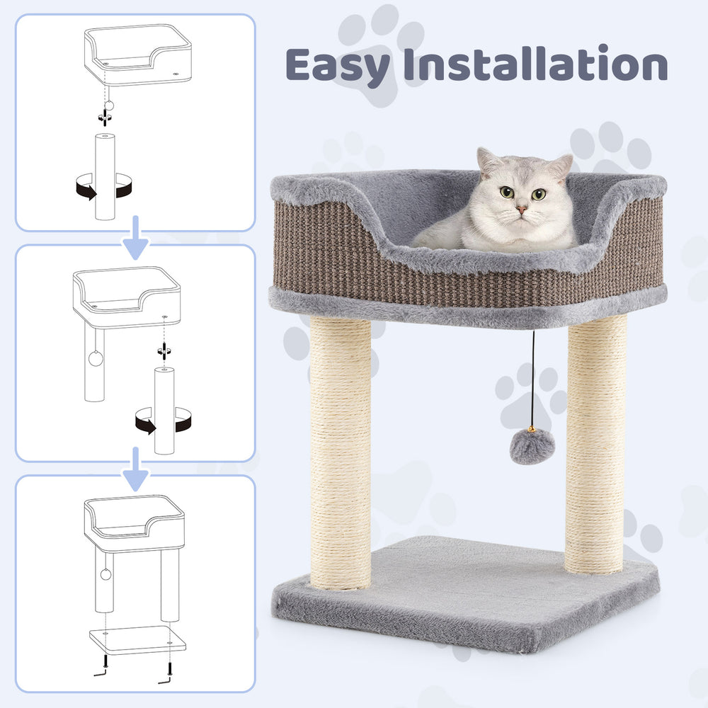 Small cat tree in gray with comfy plush perch, sisal scratching posts, and interactive toy for indoor cats.