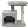 Small cat tree in light gray with a large padded perch, cozy condo, and sisal scratching post for indoor cats.