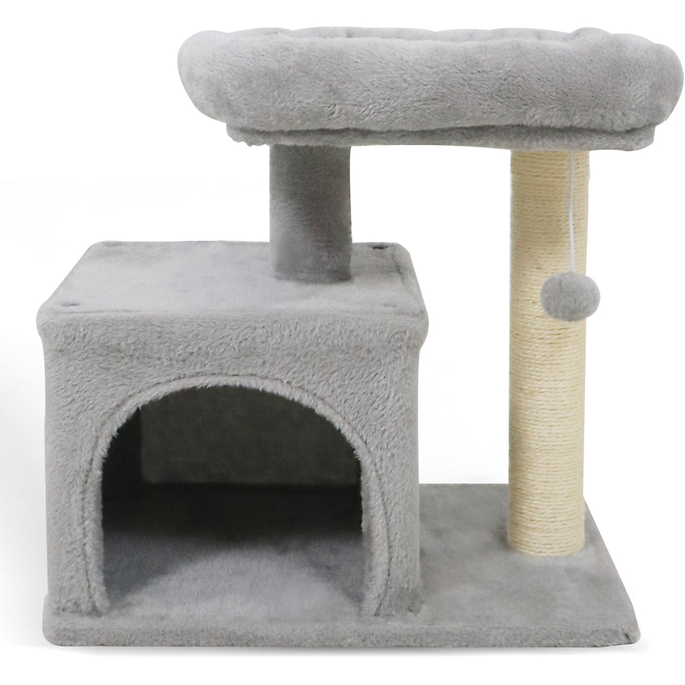 Small cat tree in light gray with a large padded perch, cozy condo, and sisal scratching post for indoor cats.