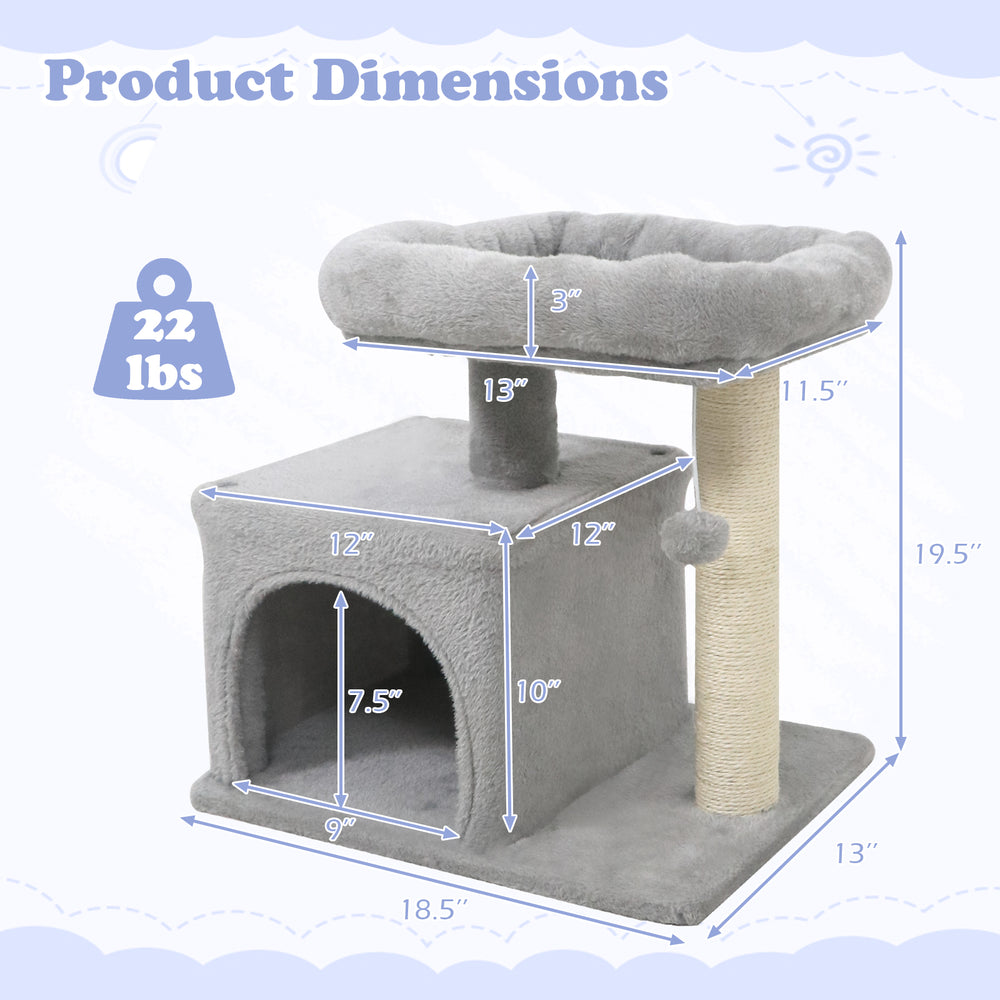 Small cat tree with large padded perch, light gray, featuring a cozy condo and sisal scratching post for indoor cats.