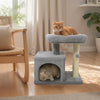 Small cat tree in light gray featuring a large padded perch and cozy condo for indoor cats to rest and play.