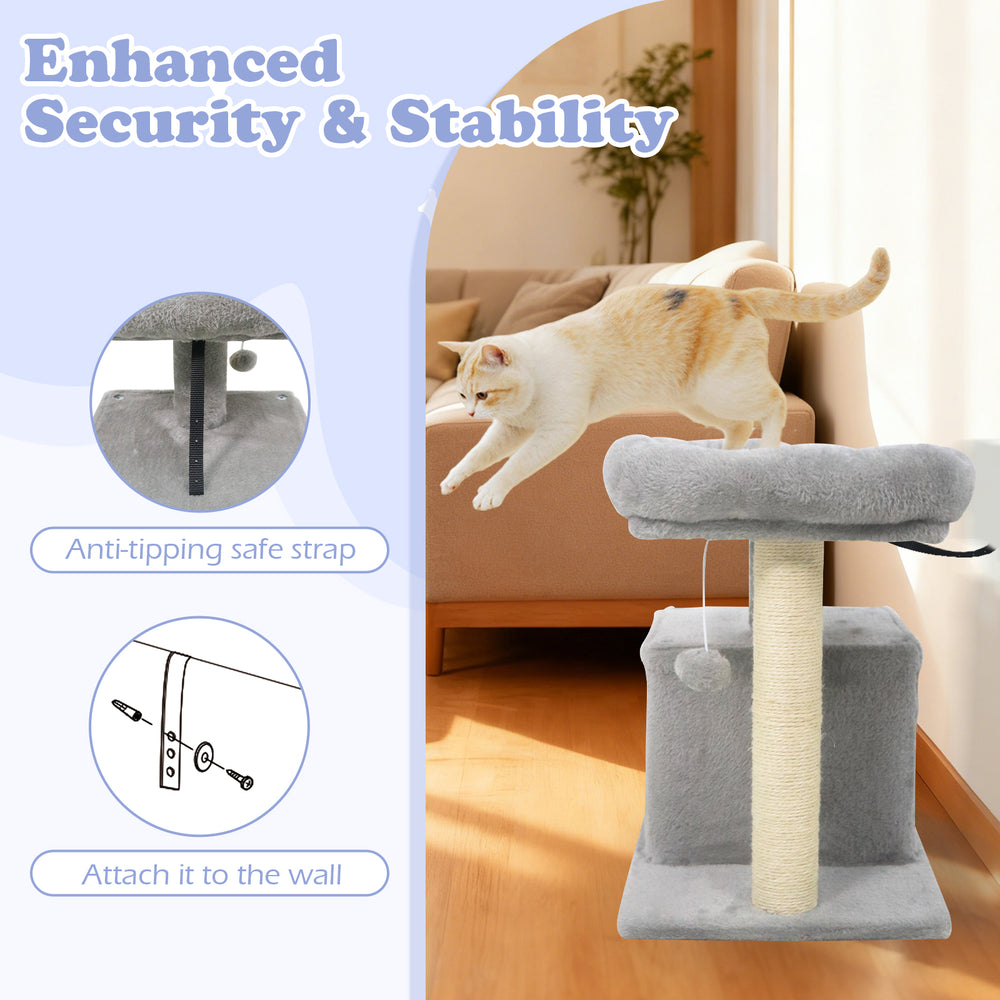 Small cat tree in light gray with large padded perch, sisal scratching post, and anti-tipping strap for indoor use.