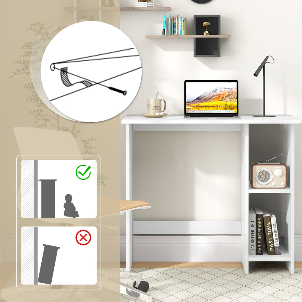 Small white computer desk with adjustable shelf, perfect for small spaces and home office activities.