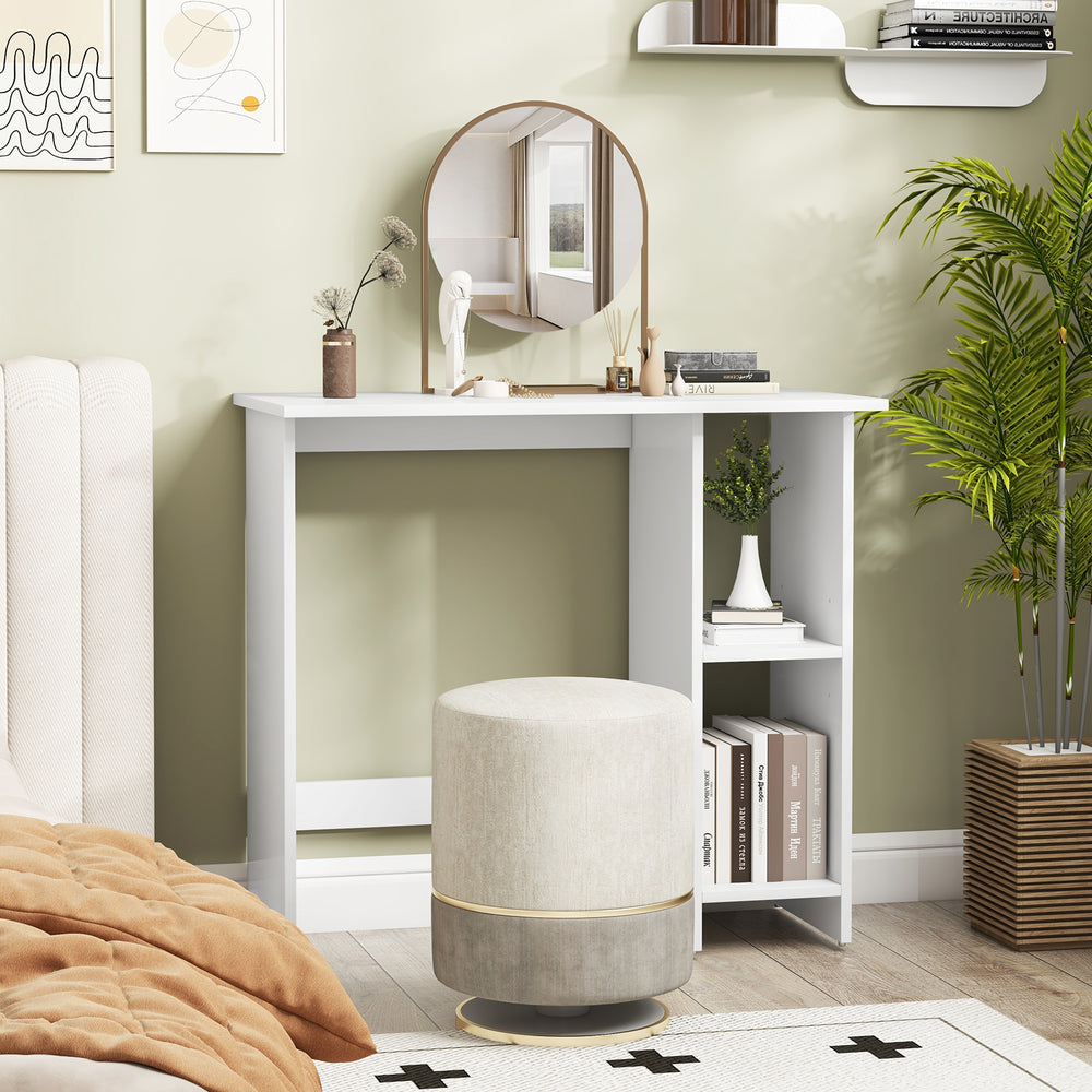Small computer desk with adjustable shelf in white, featuring a modern design and space-saving storage for home office.