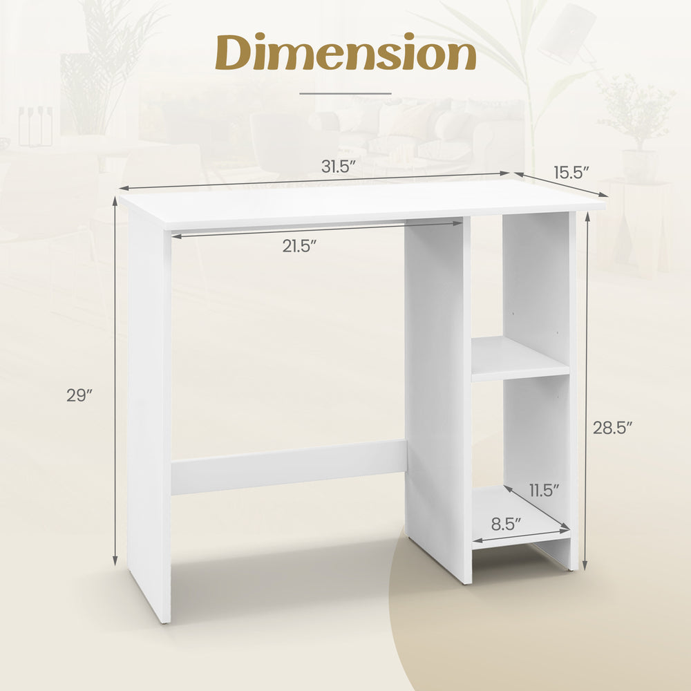 Dimensions of the Small Computer Desk with Storage and Adjustable Shelf in white, showcasing its space-saving design.