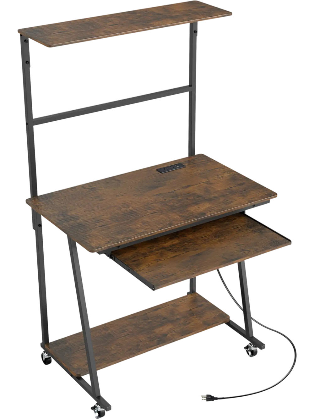 Small computer desk in rustic brown with charging station, LED lights, and wheels for easy mobility in compact spaces.