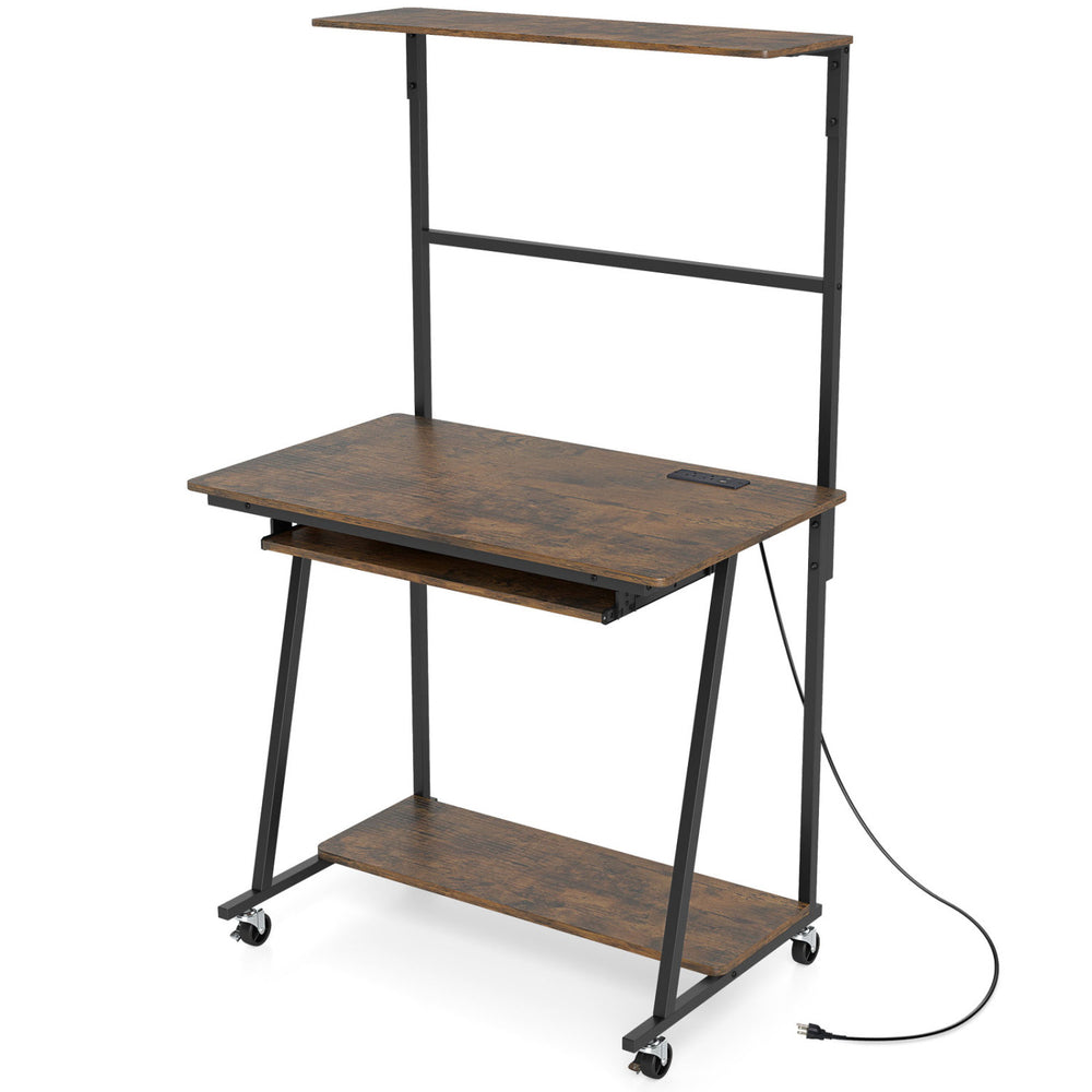 Small computer desk in rustic brown with a hutch shelf and 4-tier storage, designed for compact workspaces and easy.