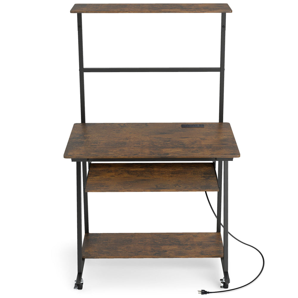 Small computer desk in rustic brown with charging station, LED lights, and four-tier storage for versatile workspace.