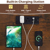 Built-in charging station with 2 AC outlets, USB, and Type-C ports on the Small Computer Desk in rustic brown finish.