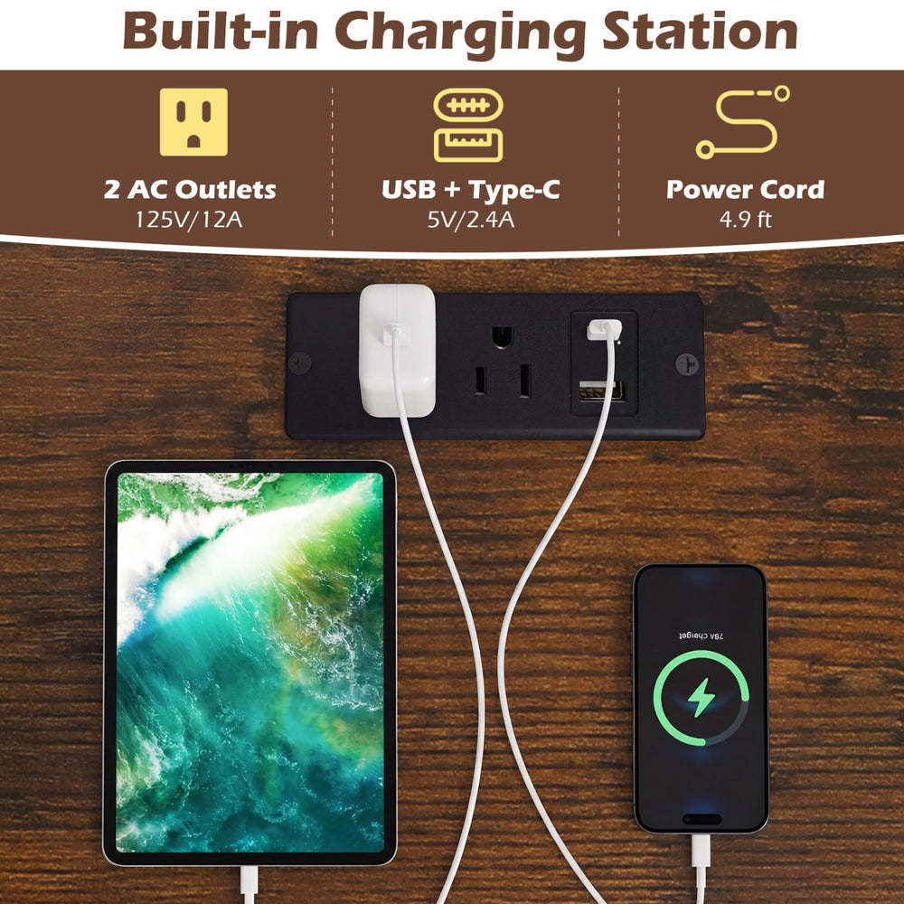 Built-in charging station with 2 AC outlets, USB, and Type-C ports on the Small Computer Desk in rustic brown finish.
