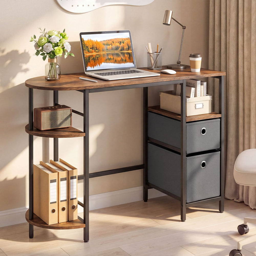 Small Computer Desk with Half-moon Side Shelves and Folding Fabric Drawers-Rusticbrown - Gallery View 1 of 10