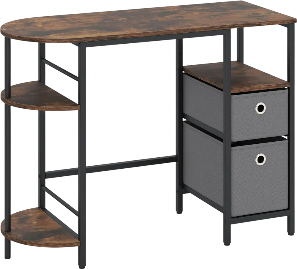 Small computer desk in rustic brown with half-moon side shelves and folding fabric drawers for a tidy workspace.