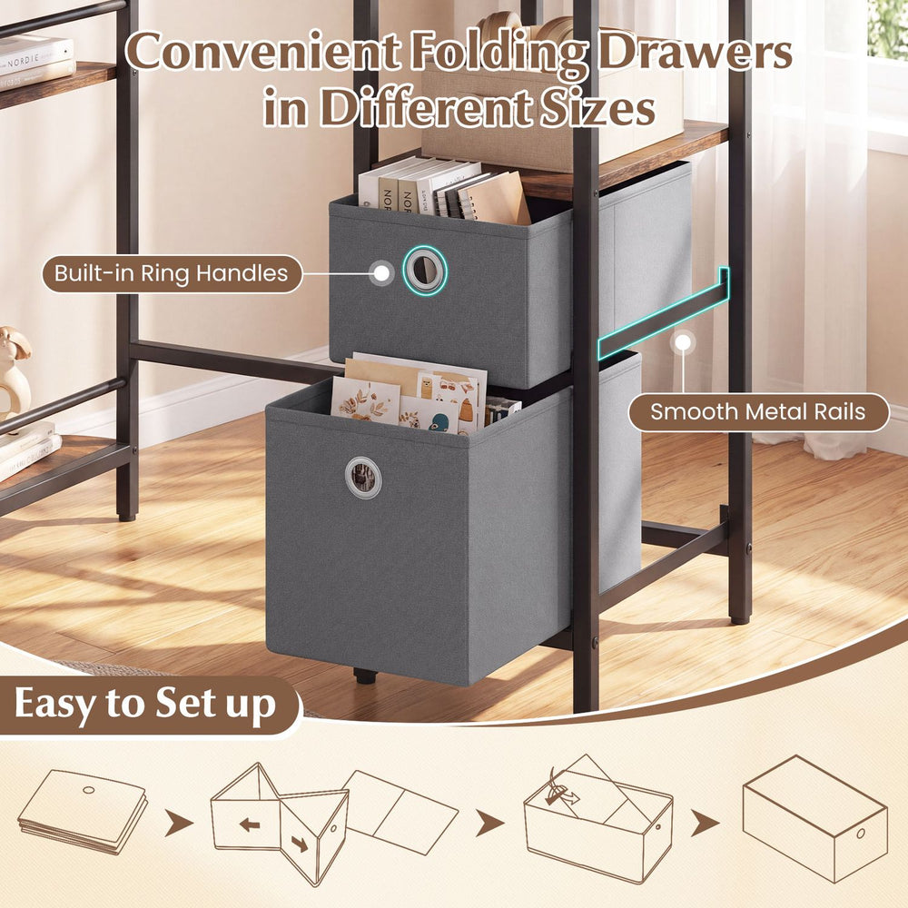Small computer desk featuring half-moon side shelves and convenient folding fabric drawers for versatile storage solutions.