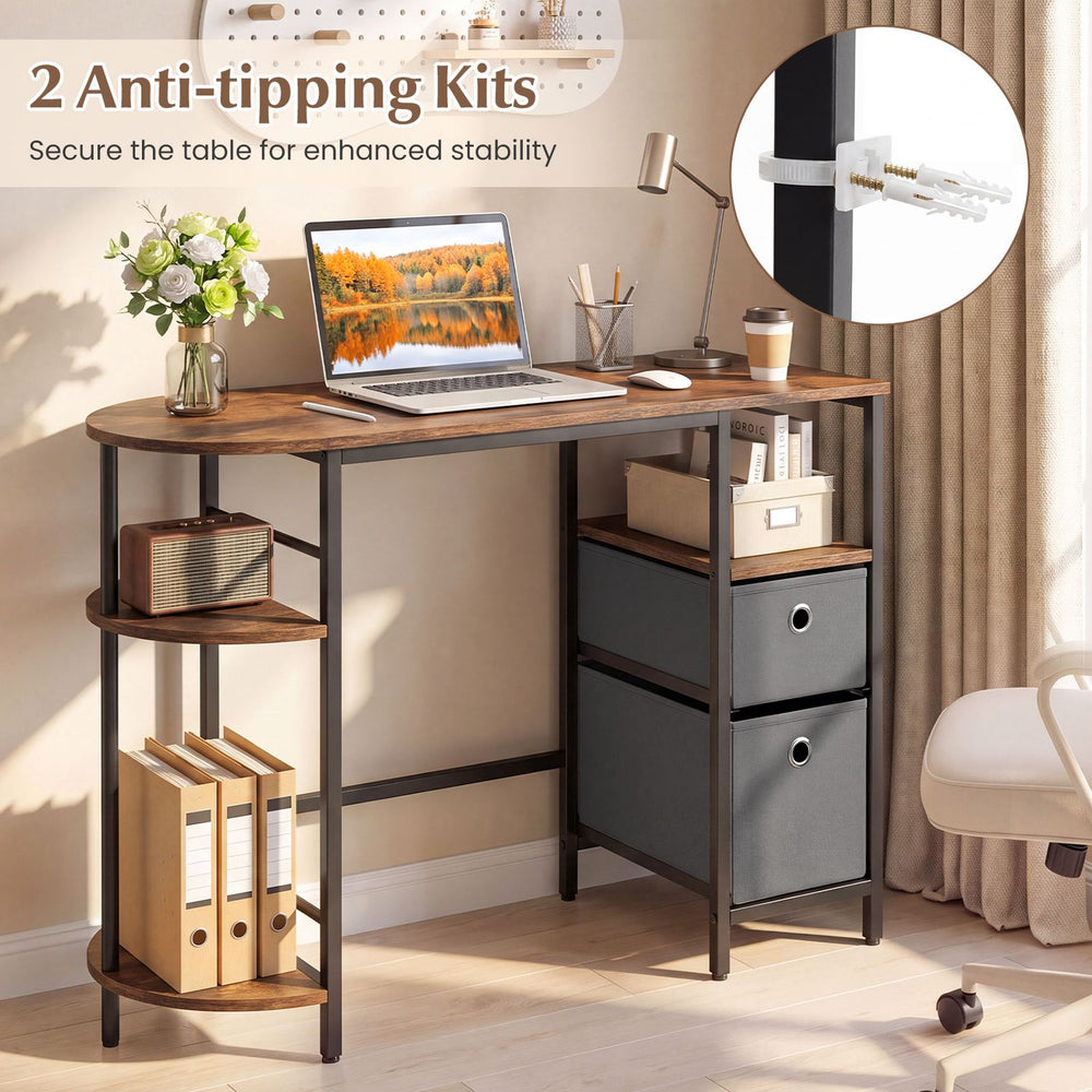 Small computer desk in rustic brown with half-moon side shelves and folding fabric drawers for versatile storage.