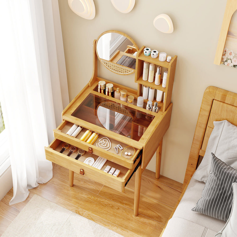 Compact 23.5-inch bamboo vanity desk with mirror, featuring glass top, 2 drawers, and large storage for makeup.