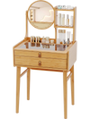 Compact 23.5-inch bamboo vanity desk with mirror, featuring 3 shelves and 2 drawers for organized makeup storage.