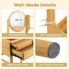 Rotatable mirror and metal drawer slides on a compact 23.5-inch bamboo vanity desk for small spaces.
