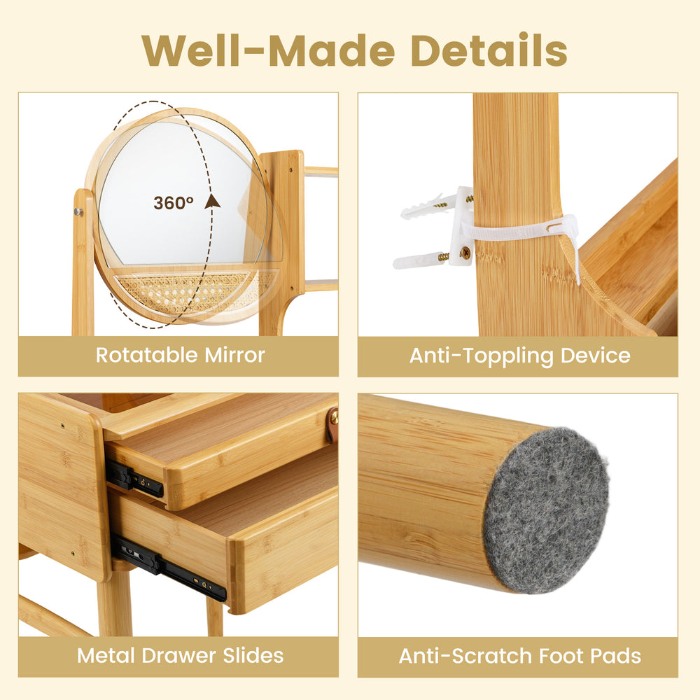Rotatable mirror and metal drawer slides on a compact 23.5-inch bamboo vanity desk for small spaces.