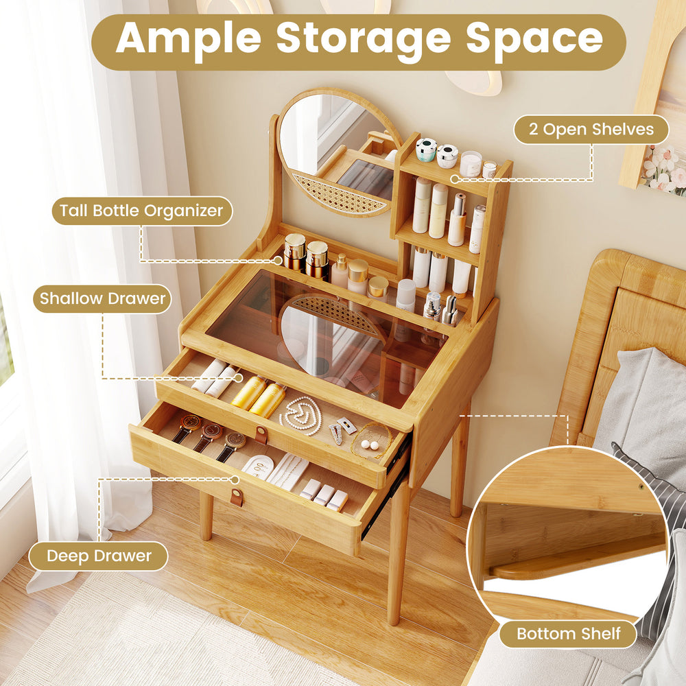 Compact 23.5-inch bamboo vanity desk with mirror, featuring ample storage, 3 shelves, and 2 drawers for small spaces.