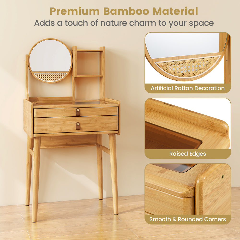 Compact 23.5-inch bamboo vanity desk with mirror, featuring 3 shelves, 2 drawers, and smooth rounded corners for small.