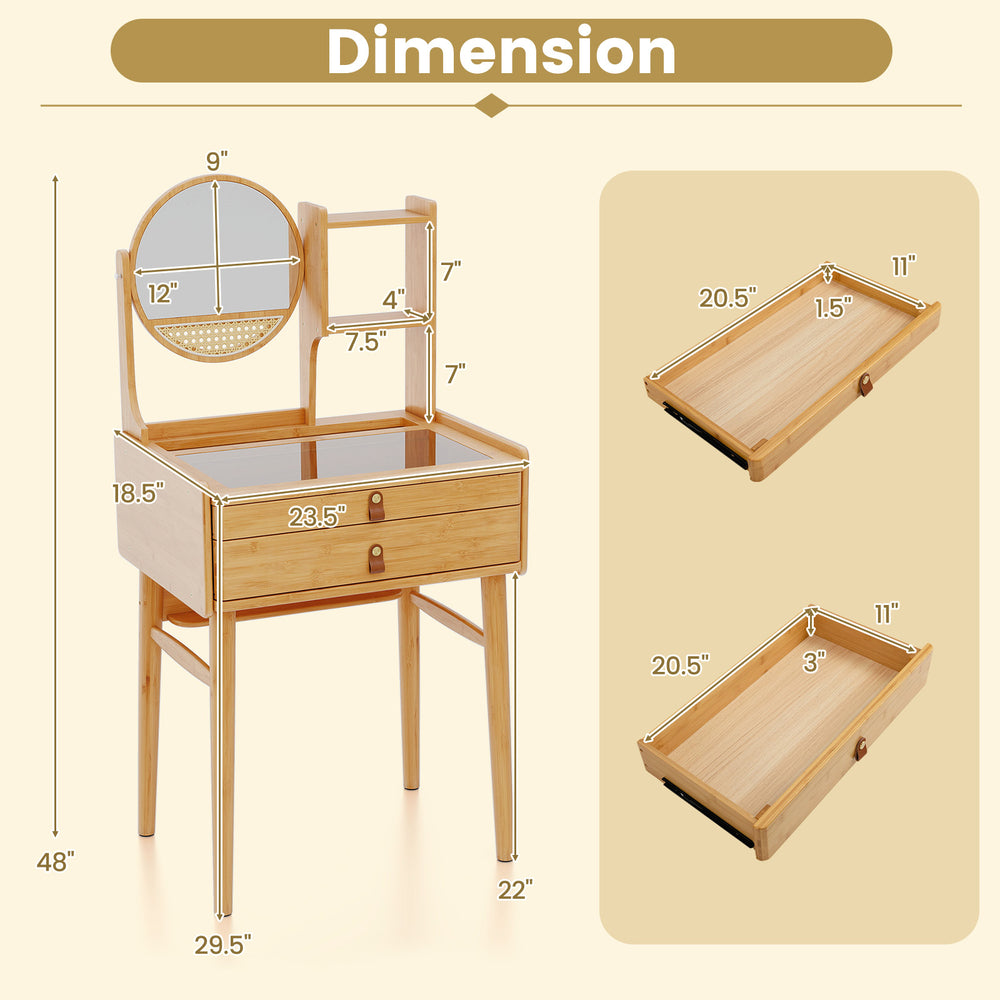 Compact 23.5-inch bamboo vanity desk with rotating mirror, large storage, and glass tabletop for small spaces.