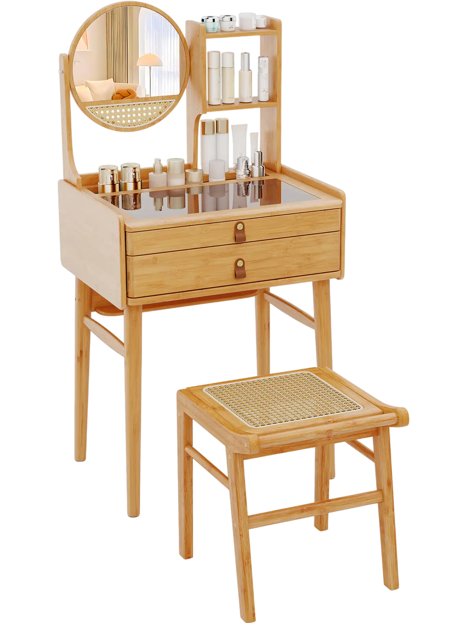 Costway Bamboo Makeup Vanity Desk Stool Mirror 2 Drawers 623185947 New